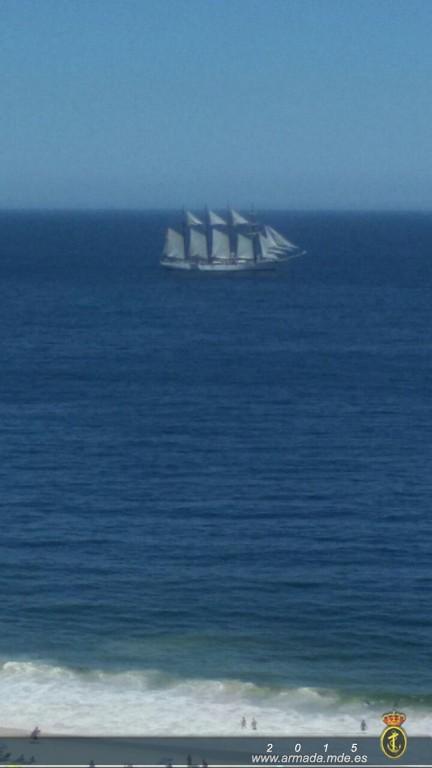 The ‘Juan Sebastián de Elcano’ sailing past Copacabana beach towards Montevideo
