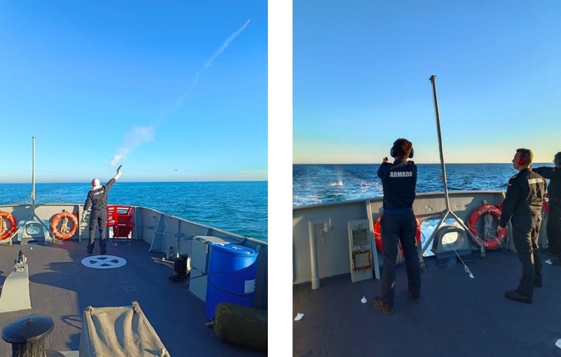Conducting firing and flare launching drills on board the ‘Tagomago’